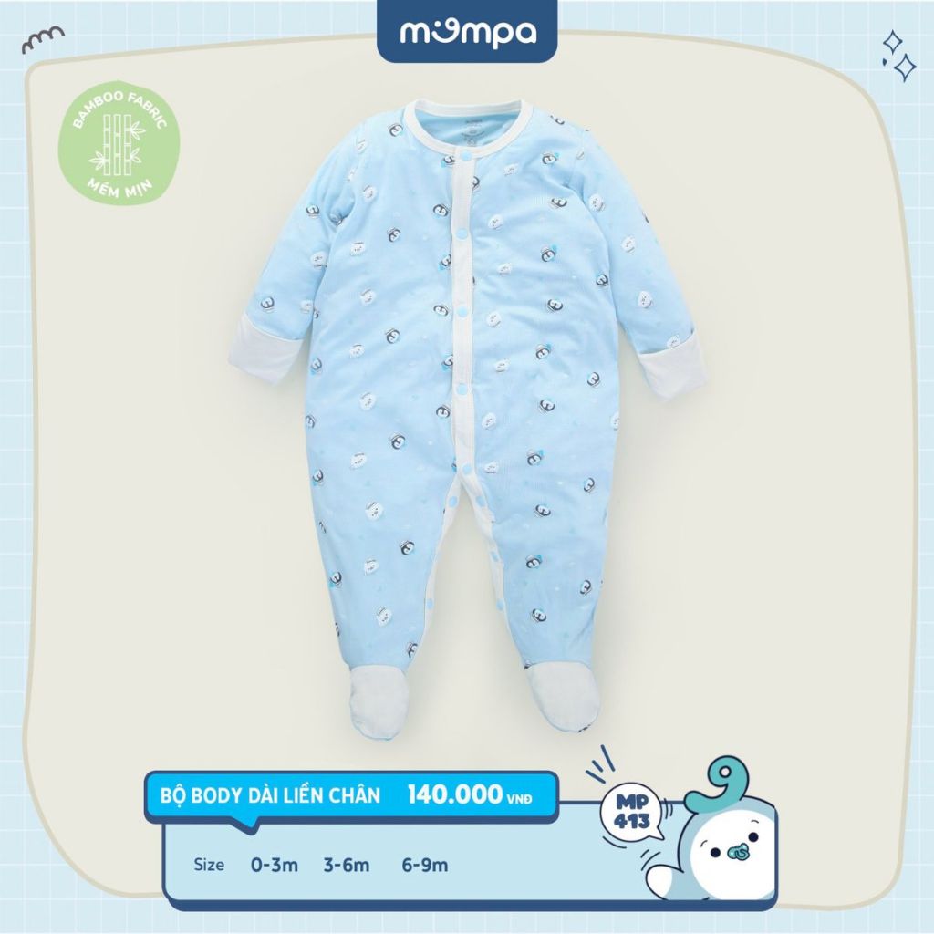 Bodysuit sơ sinh cho bé Mompa 0 đến 9 tháng liền chân lộn tay cúc giữa vải sợi tre bamboo mềm mịn co giãn MP 413