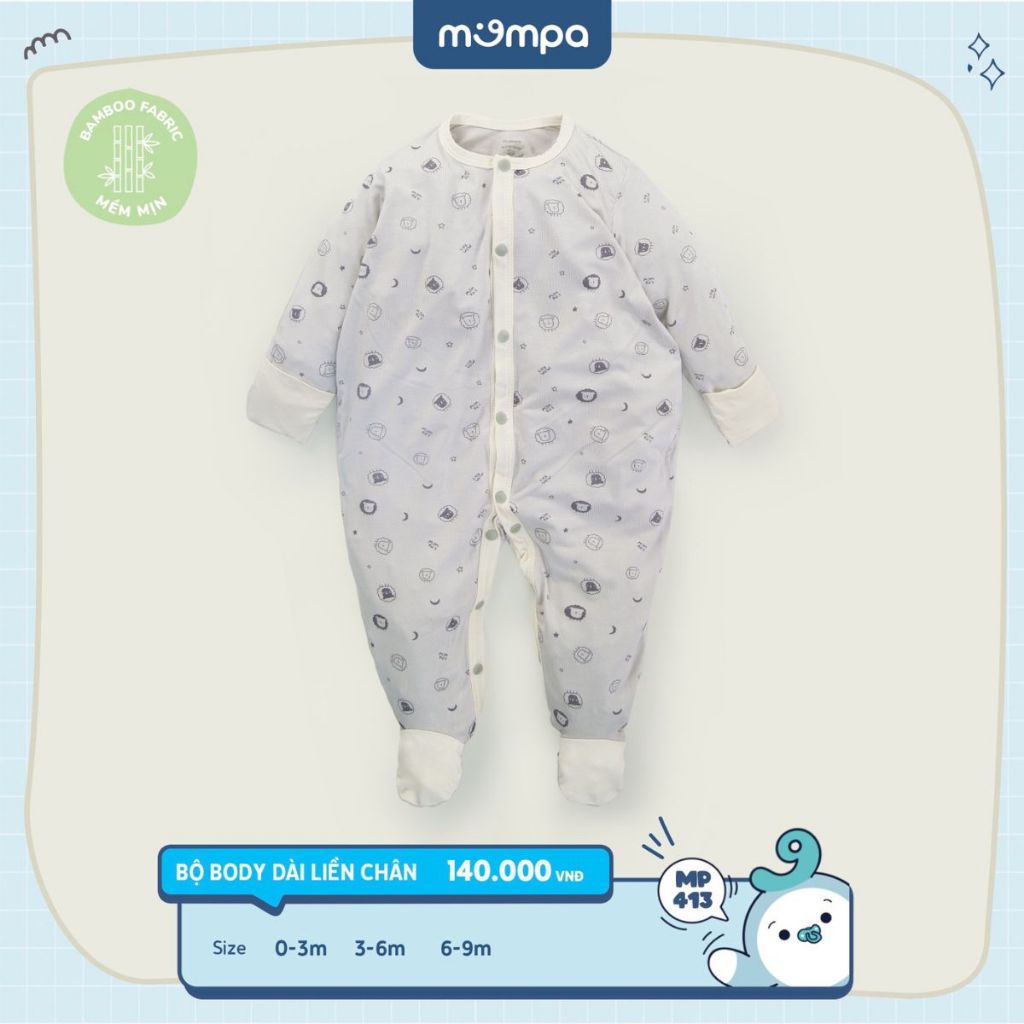 Bodysuit cho bé sơ sinh Mompa 0 đến 9 tháng bộ liền chân vải Sợi tre Bamboo mềm mịn MP 413