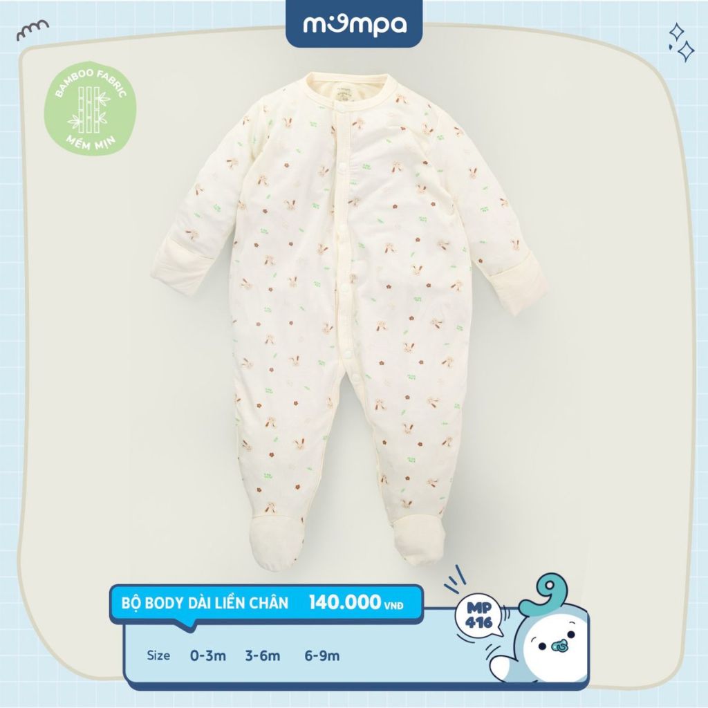 Bodysuit cho bé sơ sinh Mompa 0 đến 9 tháng liền chân lộn tay cúc giữa vải Sợi tre Bamboo mềm mịn co giãn MP 416