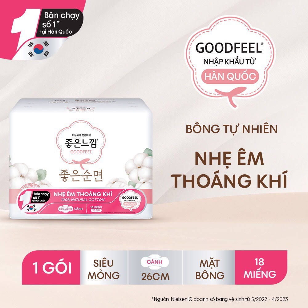 Băng vệ sinh 100% cotton tự nhiên Goodfeel Hàn Quốc, nhẹ êm thoáng khí 26 cm 18 miếng