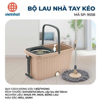 Bộ lau nhà tay kéo xoay 360 độ, Bộ lau nhà thông minh tự vắt Việt Nhật cao cấp có kèm cây lau đa năng mã 9558