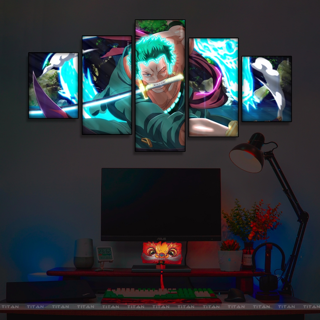 Bộ 5 tranh dán tường ghép Neon  chủ đề One Piece, chất liệu decal, sẵn băng dính 2 mặt, tranh decor anime