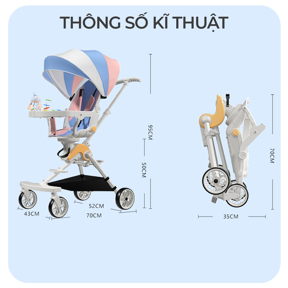 Xe đẩy 2 chiều gấp gọn cho bé cao cấp PIMO, xe nôi cho bé có chế độ giảm sốc, xoay 360 độ, tiện dụng cho mẹ và bé