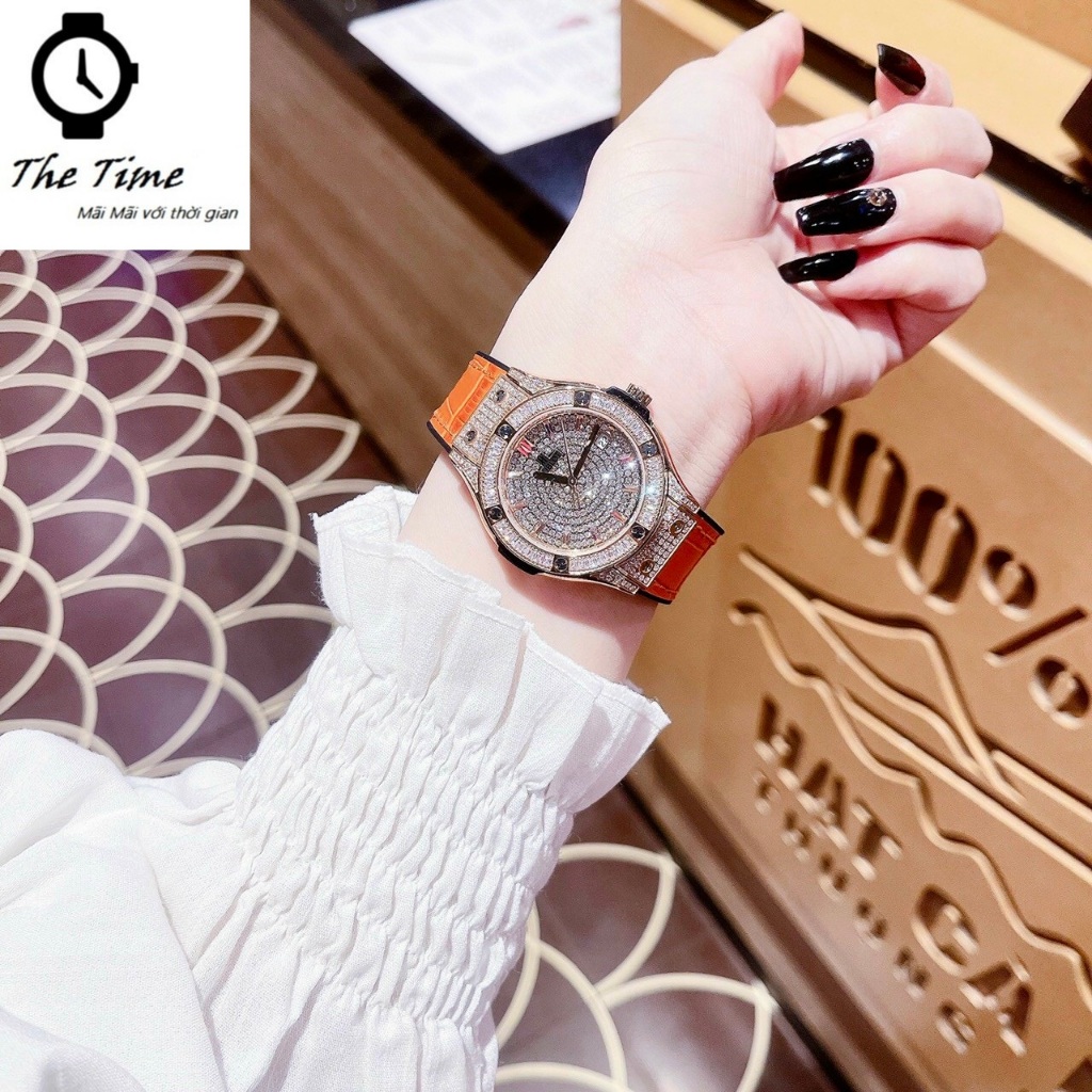 Đồng hồ H/u/b Nữ Dây Da silicon Cam/Vàng đính đá size 34mm