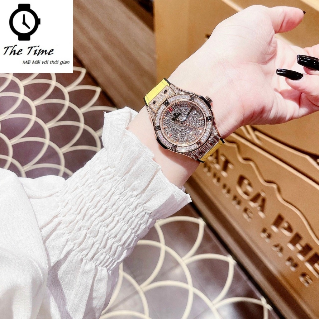 Đồng hồ H/u/b Nữ Dây Da silicon Cam/Vàng đính đá size 34mm