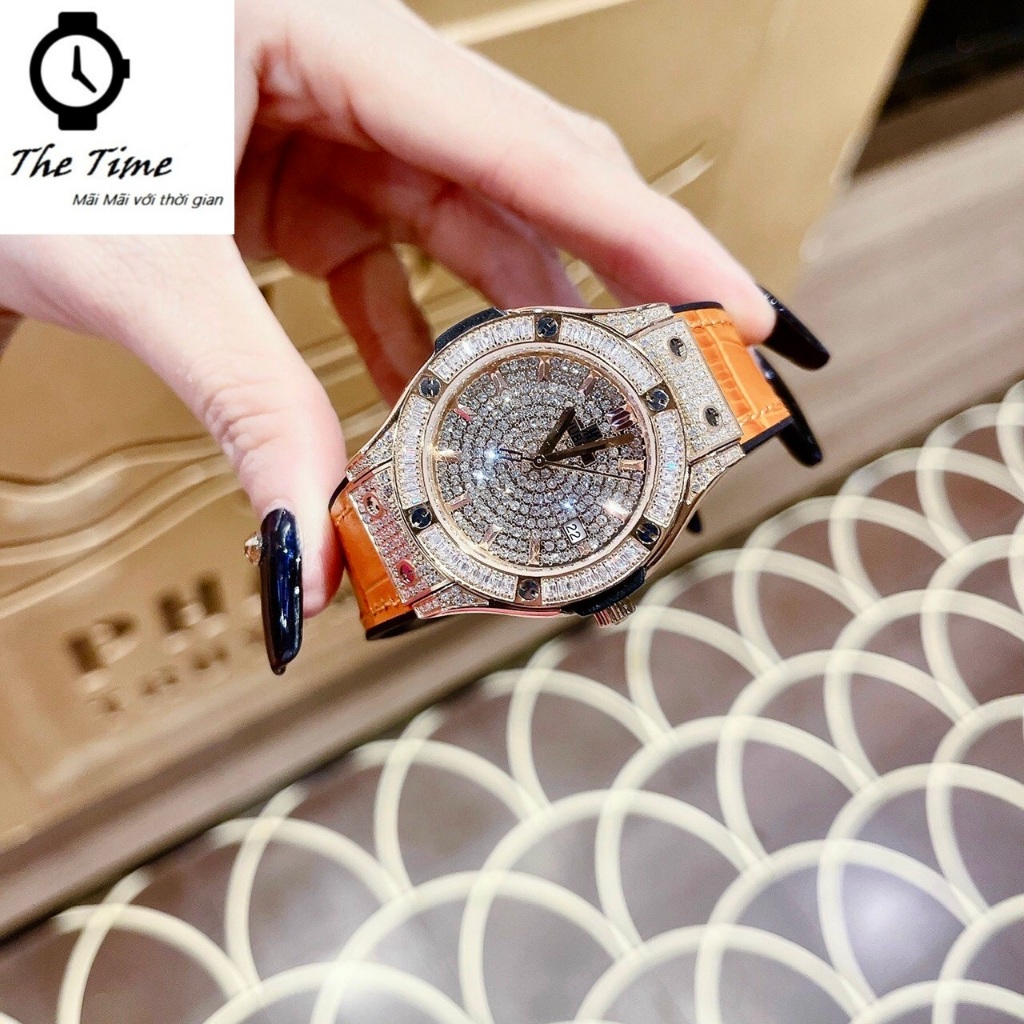 Đồng hồ H/u/b Nữ Dây Da silicon Cam/Vàng đính đá size 34mm