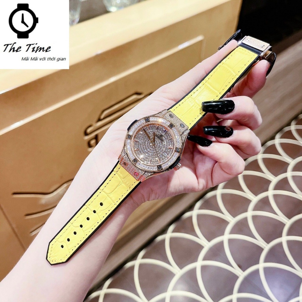 Đồng hồ H/u/b Nữ Dây Da silicon Cam/Vàng đính đá size 34mm