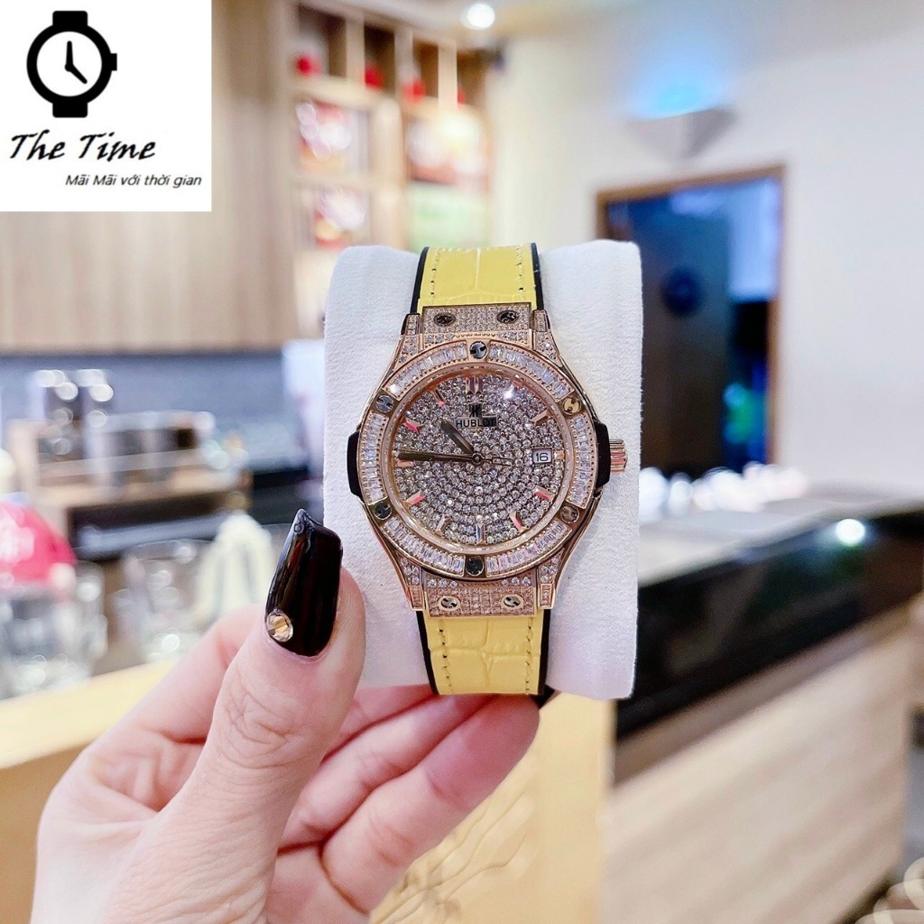 Đồng hồ H/u/b Nữ Dây Da silicon Cam/Vàng đính đá size 34mm