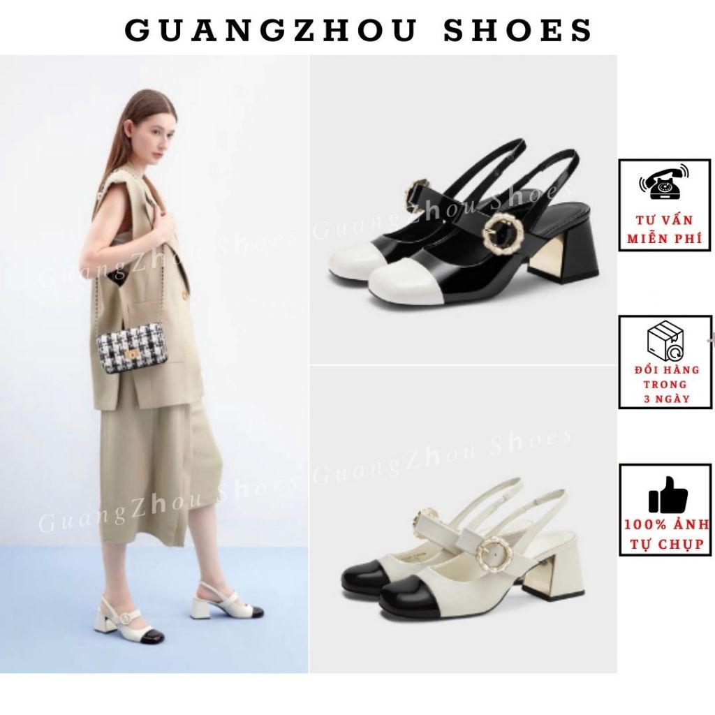 Sandal cao gót CnK hở sau vuông trụ quai ngọc phối màu hàng cao cấp fullbox