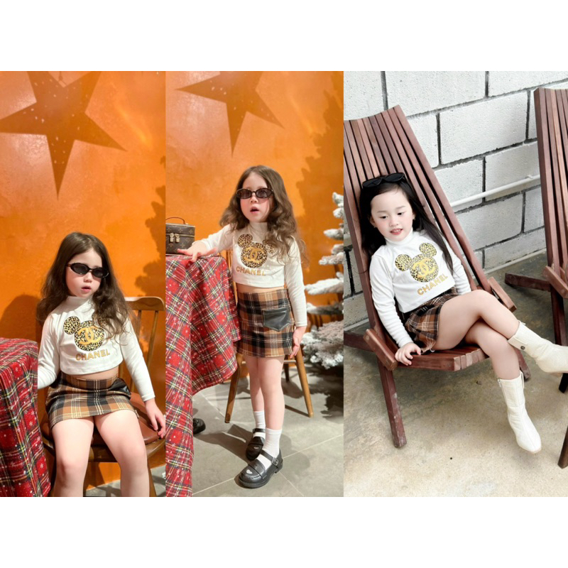 Sét áo kèm chân váy caro nâu cho bé