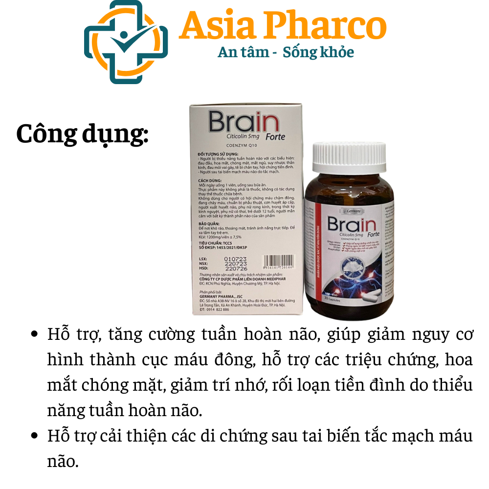 Viên Uống Brain Forte giúp bổ sung dưỡng chất cho não, phòng ngừa tai biến, chóng mặt ù tai - Hộp 30 viên