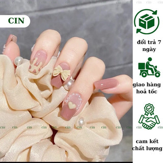 Nailbox thiết kế đính nơ , móng tay giả ngắn đính đá , mẫu nail đẹp CIN NAILBOX