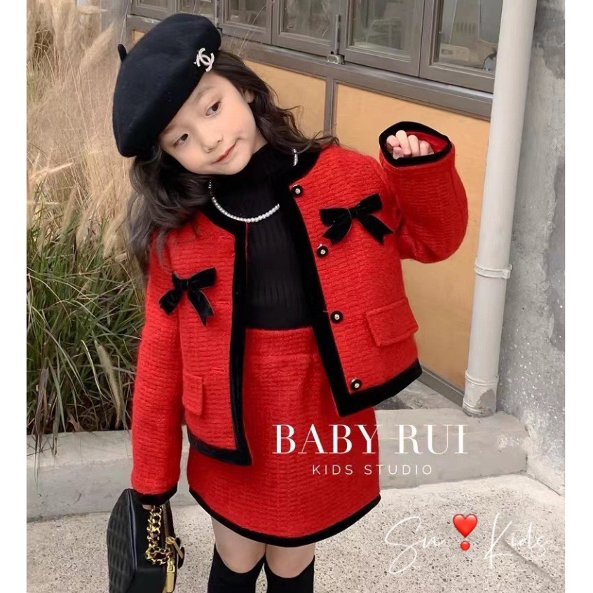 Áo khoác dạ kèm chân váy bé gái 10-30kg size đại Set dạ tweet cho bé gái diện Tết, Noel Kittenbabyshop