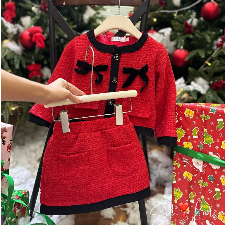 Áo khoác dạ kèm chân váy bé gái 10-30kg size đại Set dạ tweet cho bé gái diện Tết, Noel Kittenbabyshop