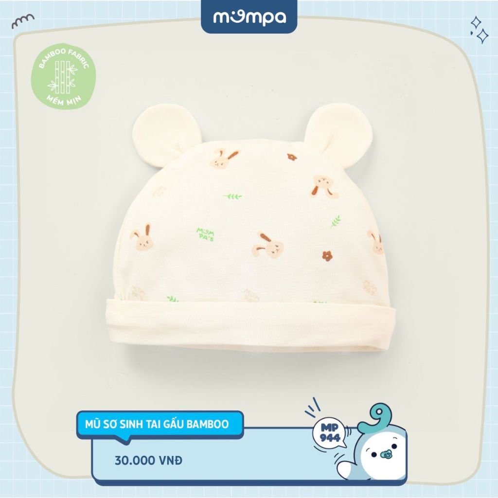 Mũ sơ sinh cho bé Mompa tai gấu vải Sợi tre Bamboo mềm mại co giãn thoáng khí hoạt tiết đáng yêu MP 944