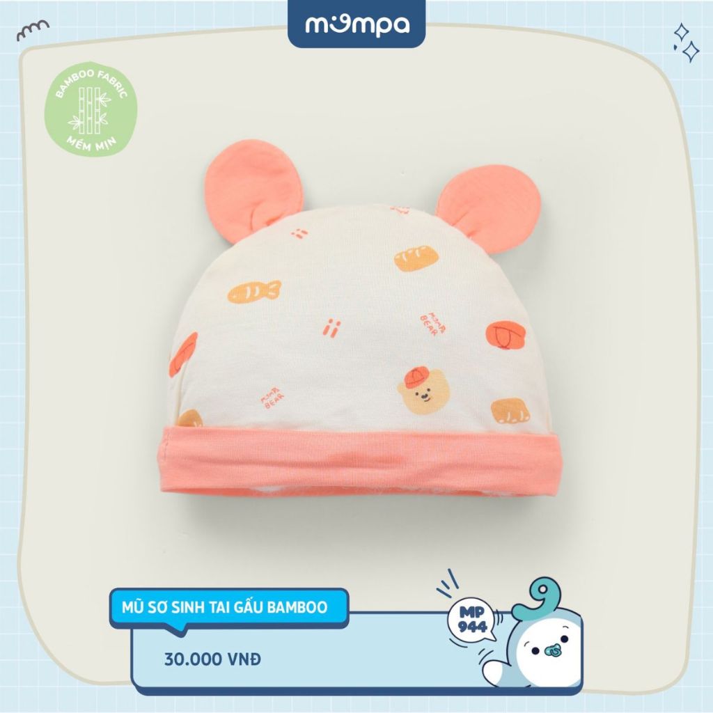 Mũ sơ sinh cho bé Mompa tai gấu vải Sợi tre Bamboo mềm mại co giãn thoáng khí hoạt tiết đáng yêu MP 944