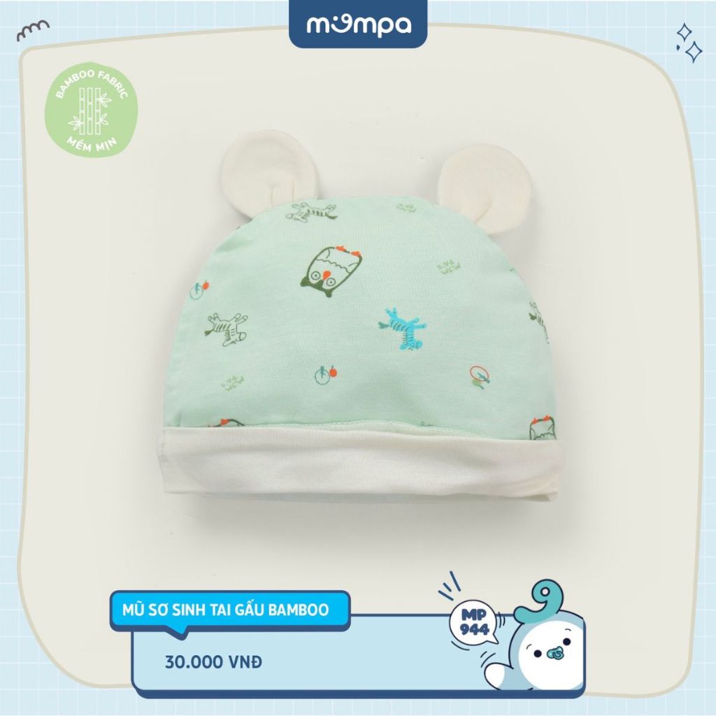 Mũ sơ sinh cho bé Mompa tai gấu vải Sợi tre Bamboo mềm mại co giãn thoáng khí hoạt tiết đáng yêu MP 944