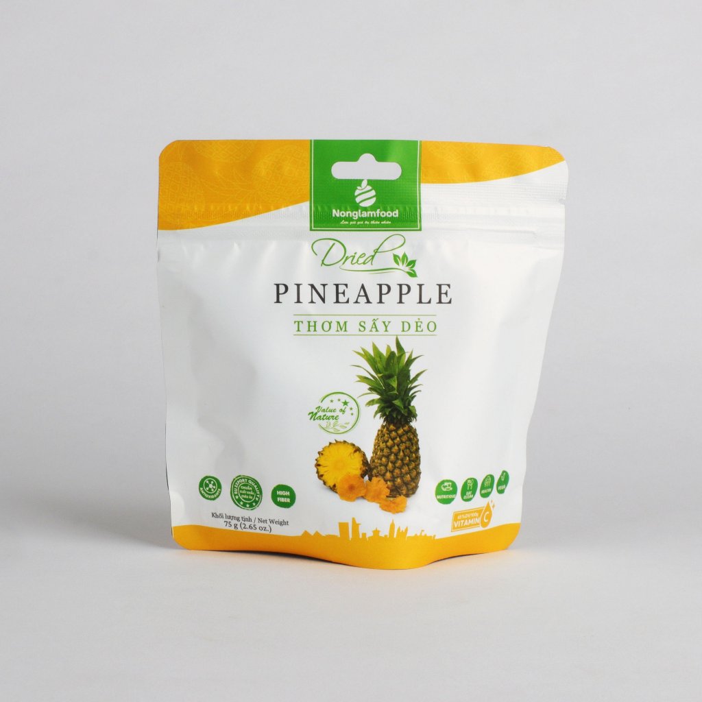 Thơm  ít đường sấy dẻo Nonglamfood túi 75g | Tăng cường đề kháng, bổ sung vitamin C, ăn vặt healthy