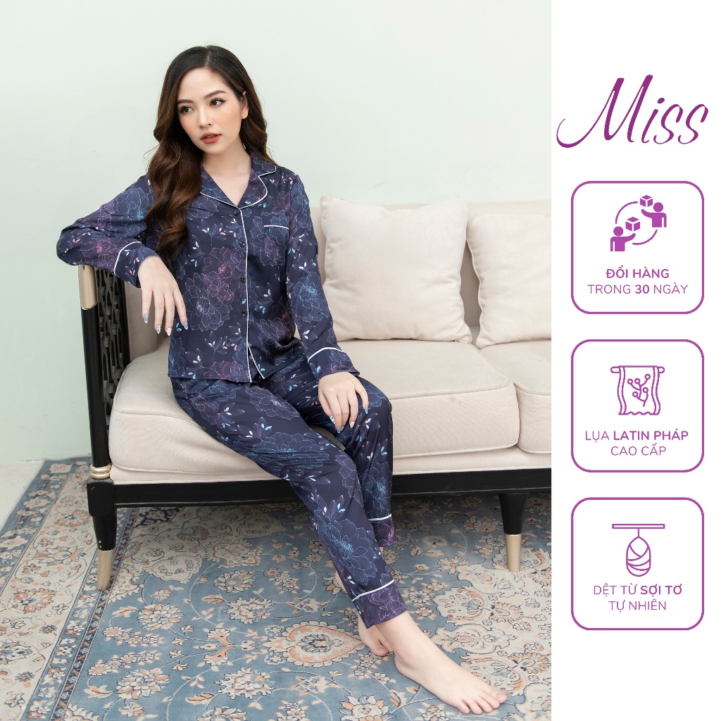 BỘ ĐỒ NGỦ LỤA CAO CẤP, BỘ PIJAMA DÀI TAY HỌA TIẾT SANG TRỌNG - DÀI HOA KẺ THAN -DT15