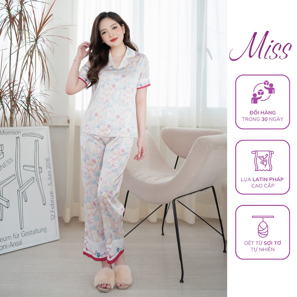 Bộ pijama mặc nhà chất liệu lụa latin cao cấp kiểu dáng cộc tay quần dài ống suông - CD102 MÈO HOA