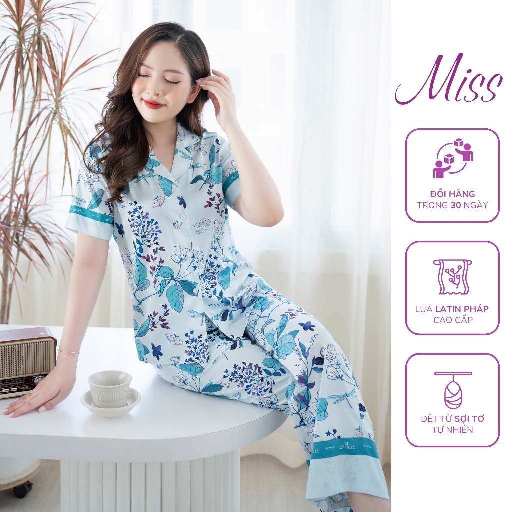 Bộ đồ ngủ lụa đồ mặc nhà pijama kiểu dáng cộc tay quần dài ống rộng chất liệu lụa latin cao cấp - CD