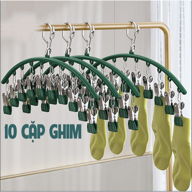 Móc phơi quần áo inox Cong có khóa móc treo chắc chắn – 10 kẹp được phủ nhựa chống trầy xước khi phơi đồ - HM519