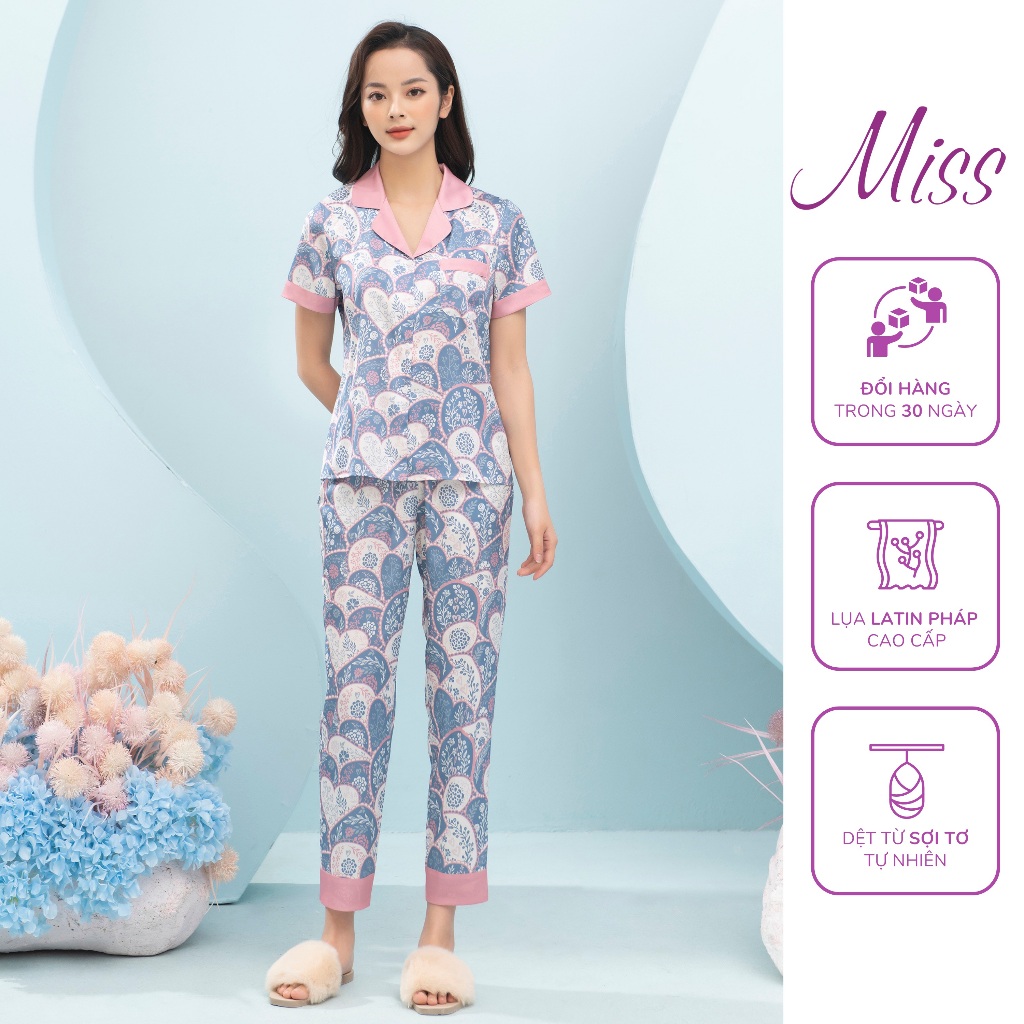 Bộ ngủ lụa Pijama Cộc tay quần dài Miss hoạ tiết Cây xanh hồng - CD74
