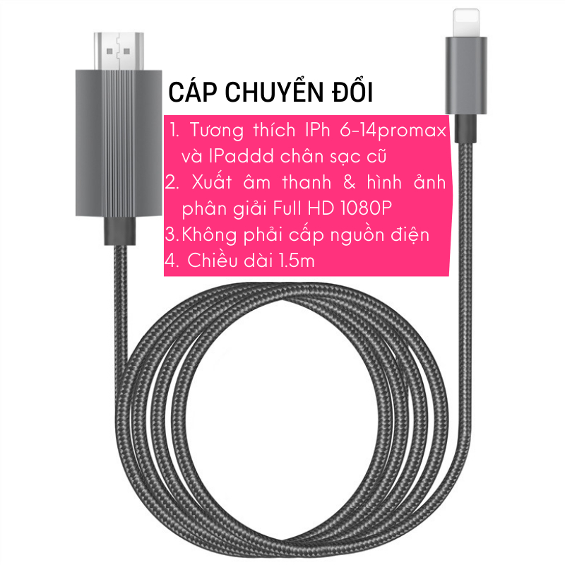 Cáp chuyển IP sang HDMI máy chiếu, tivi, màn hình dành cho IP 6-14promax và máy tính bảng nhà táo chân sạc cũ