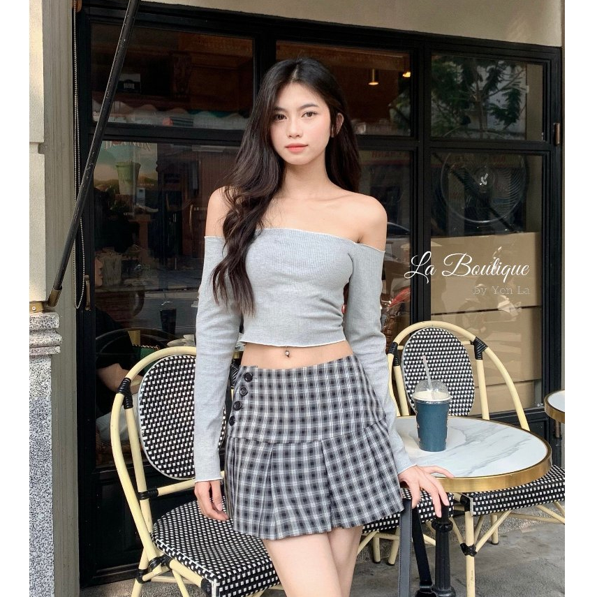 Áo Croptop Trễ Vai Tay Dài La Boutique Thun Gân Co Dãn 4 Chiều Có Bigsize