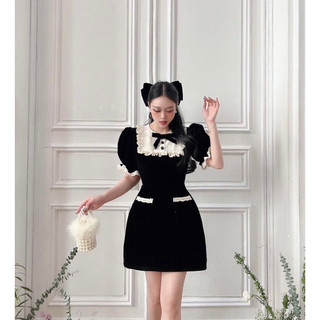 ĐẦM ĐEN NHUNG PHỐI CỔ REN KEM TAY BO TÚI VIỀN REN