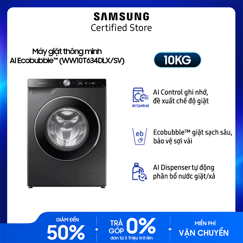 Máy giặt thông minh AI Samsung 10kg WW10T634DLX/SV - Miễn phí giao + lắp Toàn Quốc