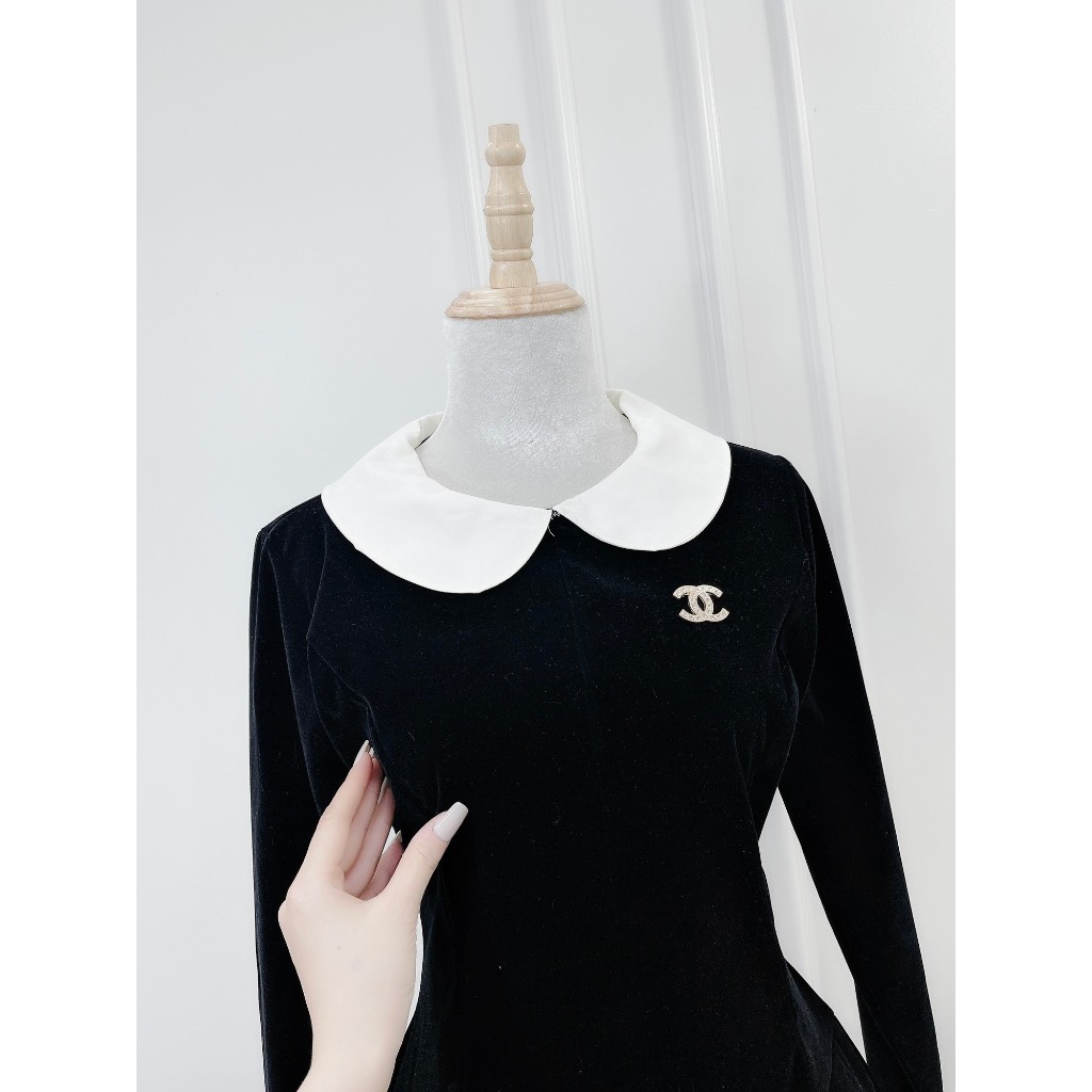 Váy Nhung Dáng Dài Cổ Bèo PHối Bèo Áo Kèm Tag Freesize