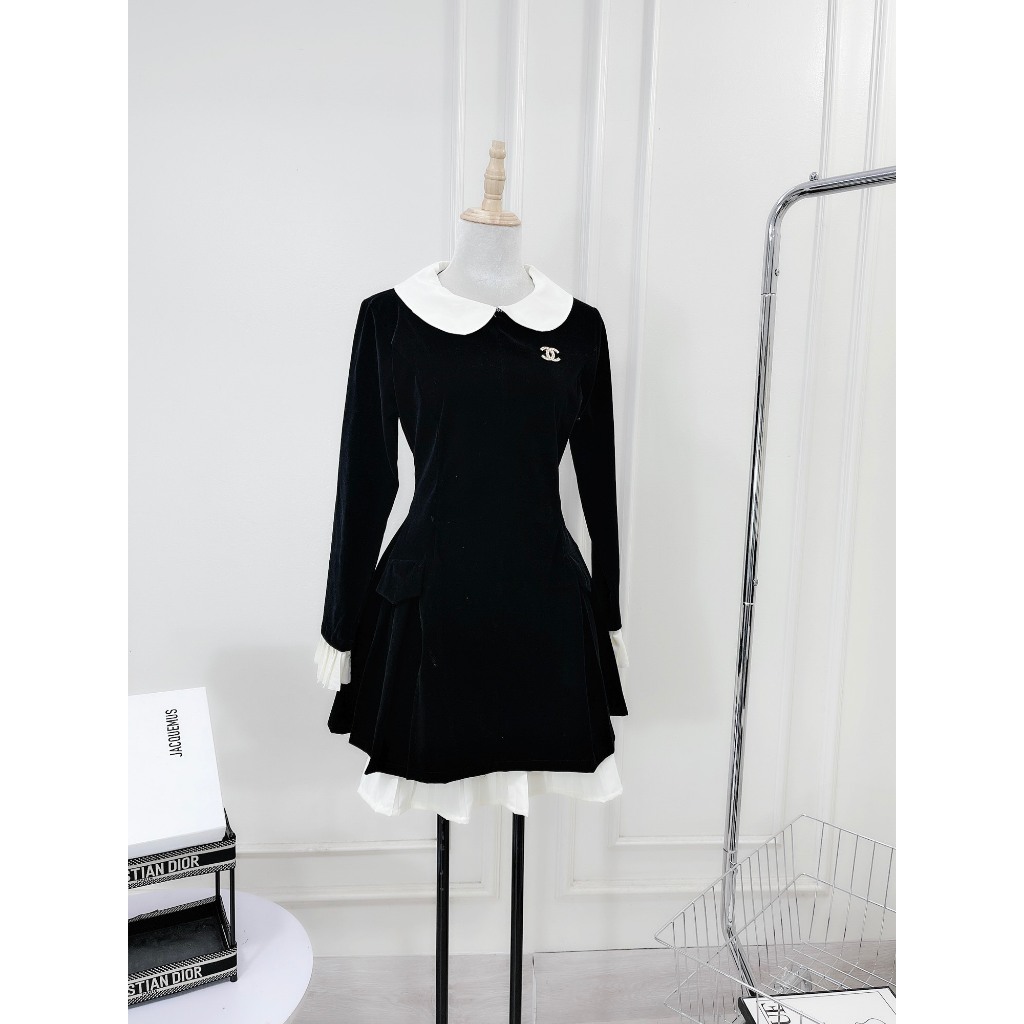 Váy Nhung Dáng Dài Cổ Bèo PHối Bèo Áo Kèm Tag Freesize