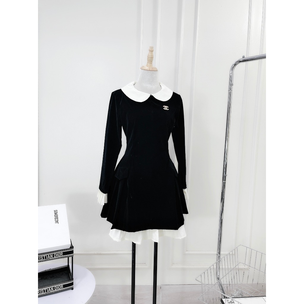 Váy Nhung Dáng Dài Cổ Bèo PHối Bèo Áo Kèm Tag Freesize