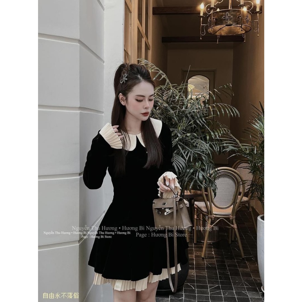 Váy Nhung Dáng Dài Cổ Bèo PHối Bèo Áo Kèm Tag Freesize