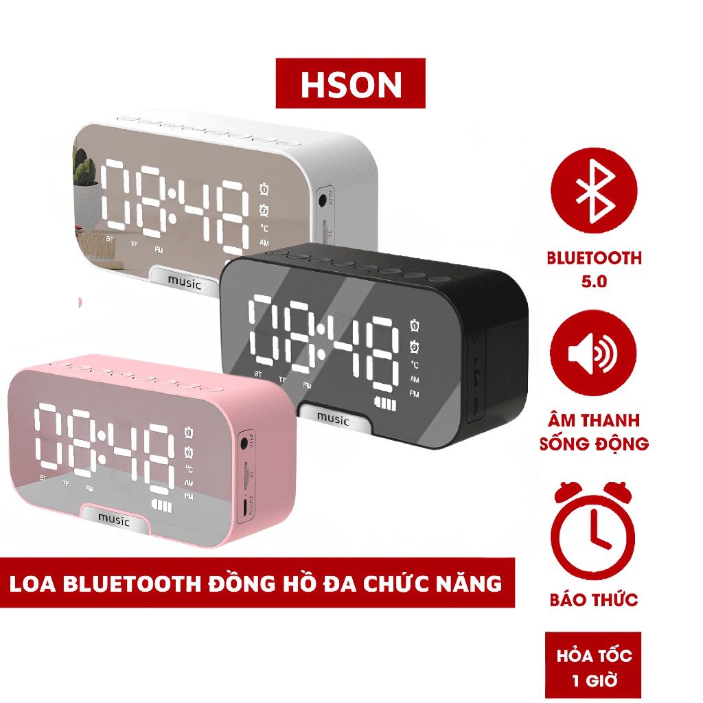 Loa bluetooth đồng hồ HSON cao cấp, loa blutut đa năng kiêm báo thức, nghe đài FM, màn hình tráng gương hiển thị đèn led