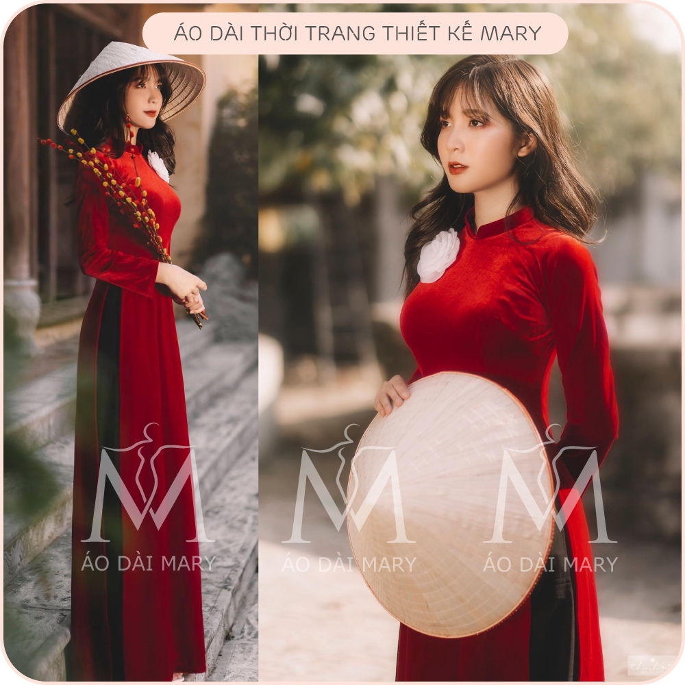Áo Dài Nhung Đỏ Truyền Thống May Sẵn Chất Vải Cao Cấp Mặc Dự Tiệc Lễ Tết Đẹp - ÁO DÀI MARY
