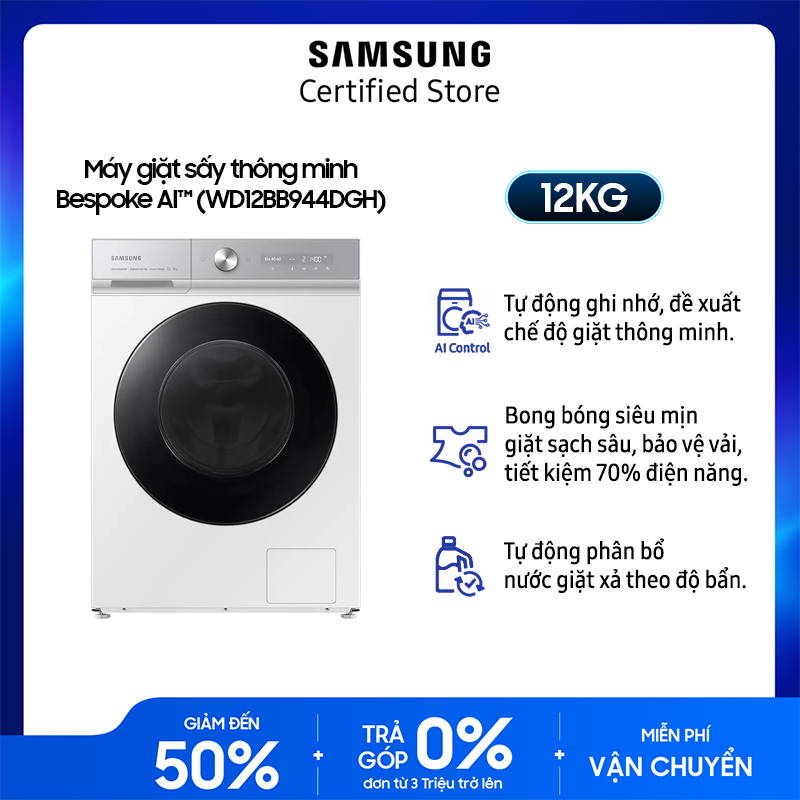 Máy giặt, sấy Samsung Bespoke AI Inverter giặt 12 kg - sấy 8 kg WD12BB944DGHSV - Miễn phí giao + lắp Toàn Quốc