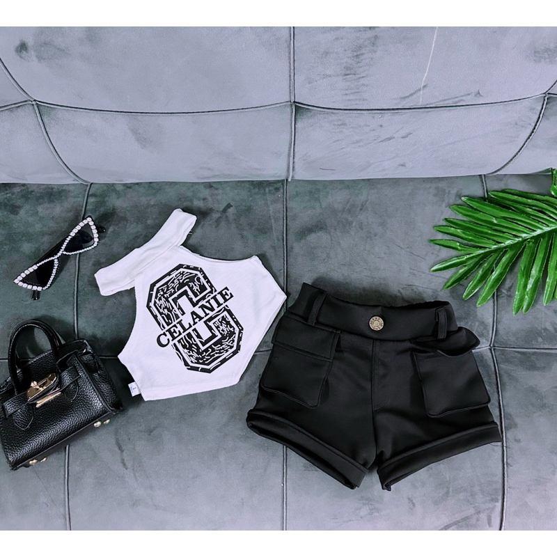 Set Bộ Áo Thun Sọc Quần Túi Hộp Trắng Bé Gái