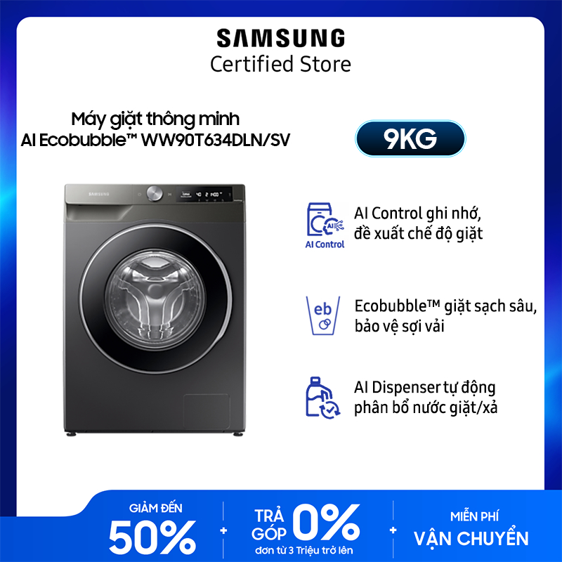 Máy giặt Samsung Inverter 9 kg WW90T634DLN/SV - Miễn phí giao + lắp Toàn Quốc