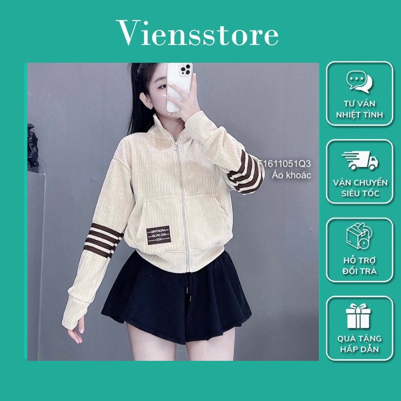 Áo khoác nhung gân tay viền sọc 2 bên phối khóa kéo sang trọng VIENS STORE