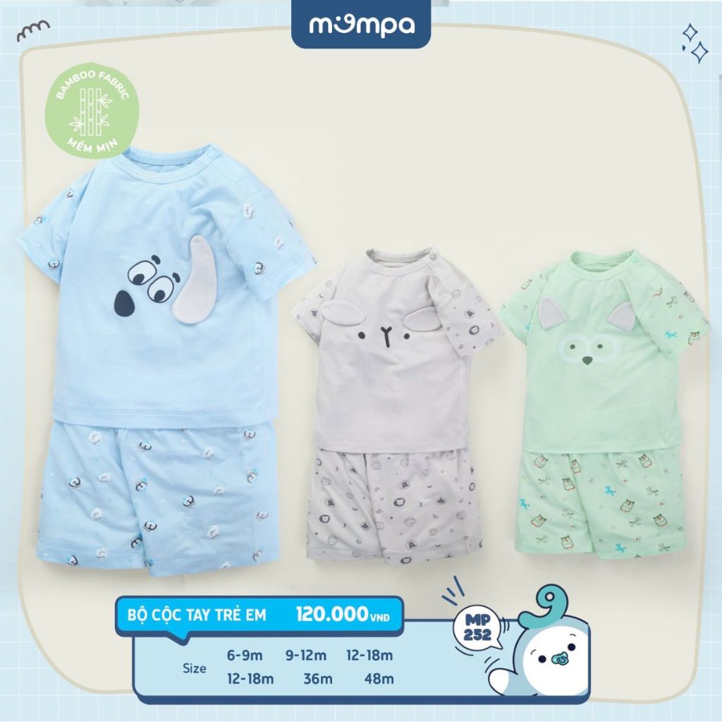 Bộ quần áo cộc tay cho bé Mompa từ 6 tháng-4 tuổi cài vai vải sợi tre Bamboo co giãn mềm mại thoáng mát 252