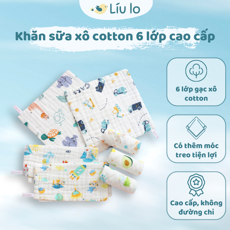 Khăn Sữa Xô Cotton 6 Lớp Cao Cấp Hoạ Tiết Dễ Thương, Mềm Mại, Thân Thiện Với Da Bé