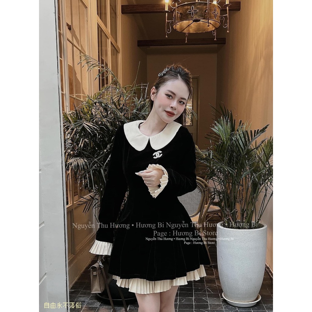 Váy Nhung Dáng Dài Cổ Bèo PHối Bèo Áo Kèm Tag Freesize