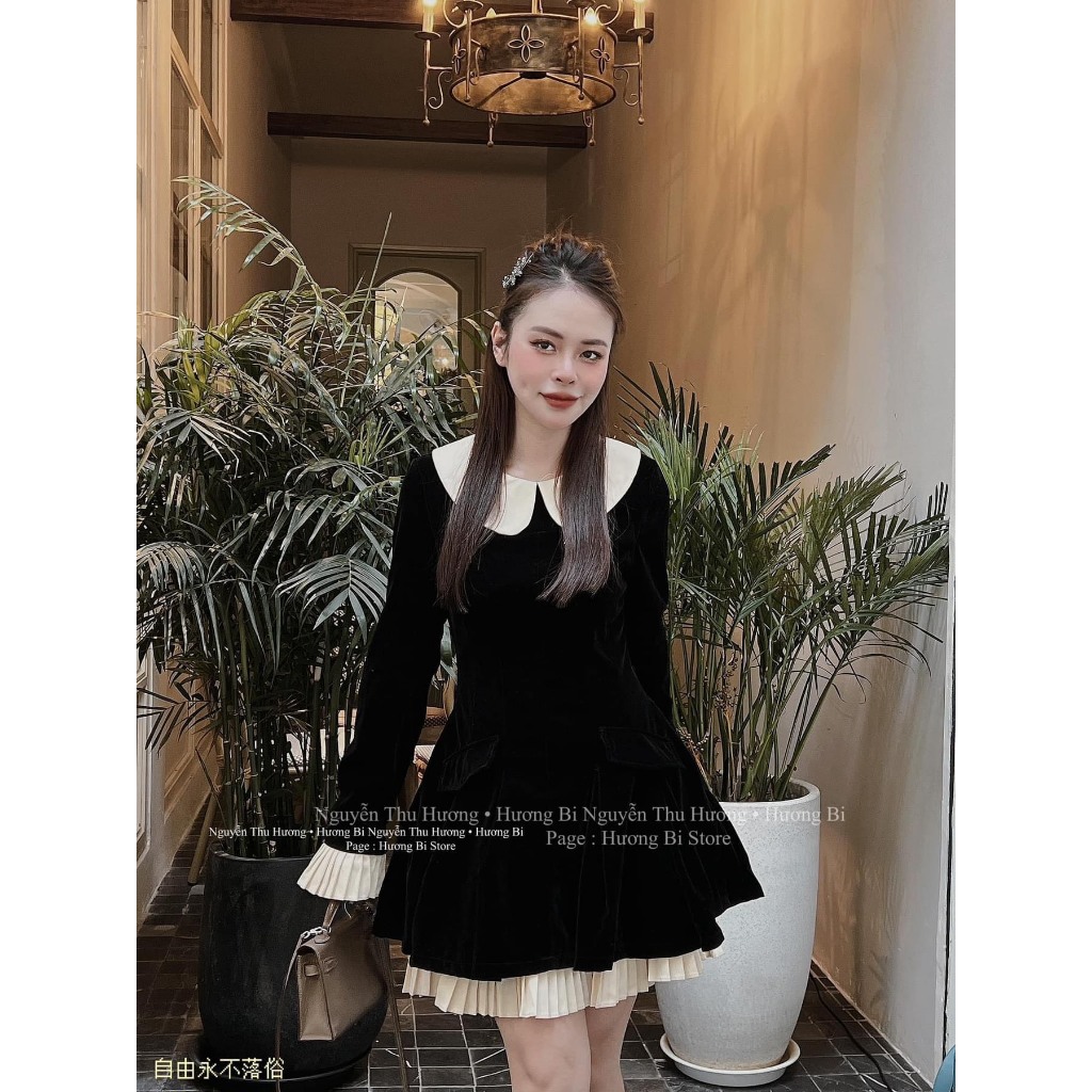 Váy Nhung Dáng Dài Cổ Bèo PHối Bèo Áo Kèm Tag Freesize