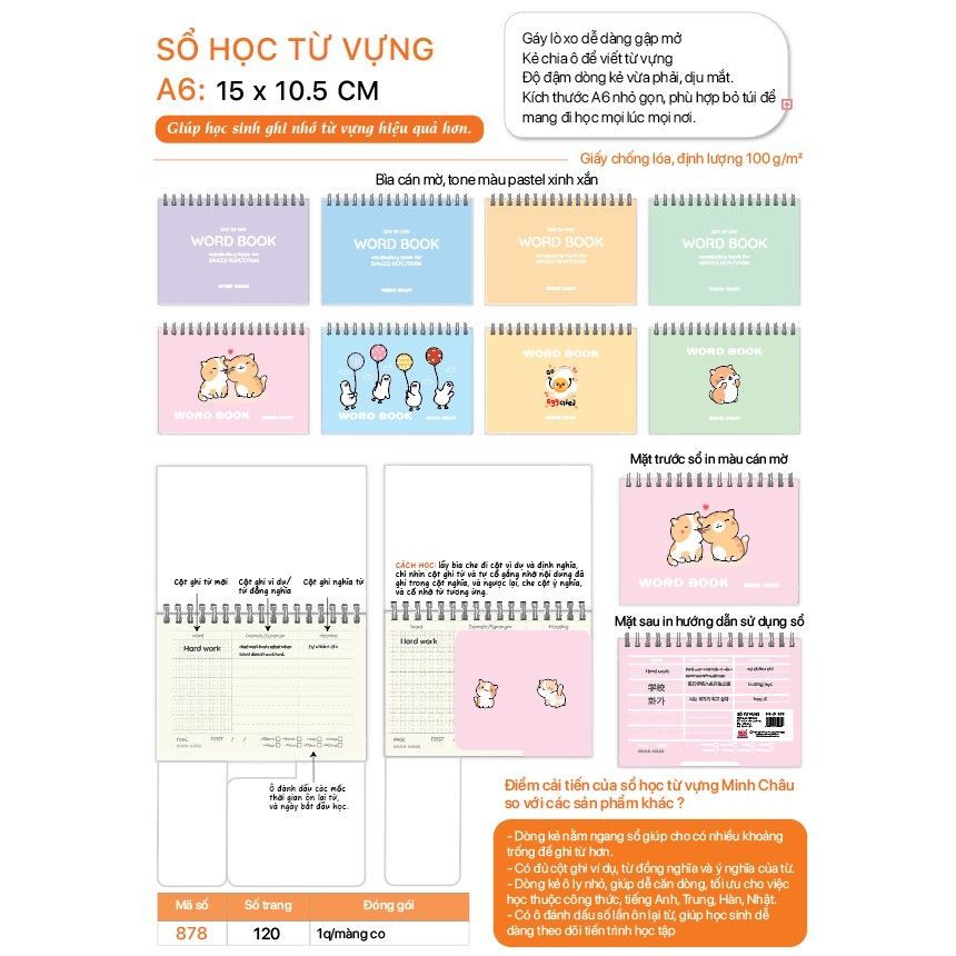Sổ học từ vựng A6 Minh Châu bìa màu pastel xinh xắn 120 trang kích thước 10.5cm x 15cm MC878