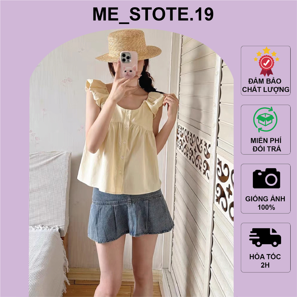 Áo kiểu babydoll dáng rộng cổ vuông tay cánh tiên bồng chất liệu thô kate phong cách Hàng Quốc