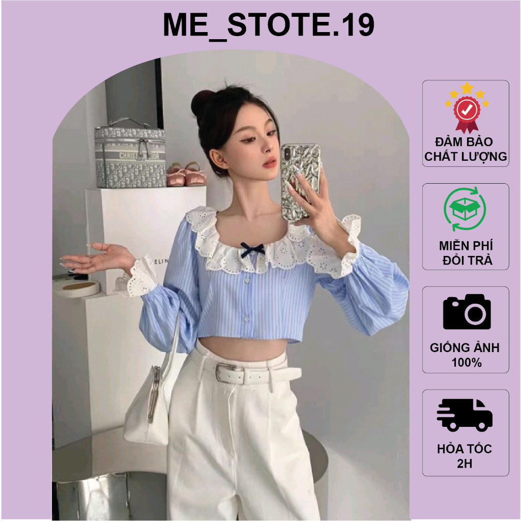 Áo sơ mi croptop kiểu tay phồng phối ren phong cách Hàn Quốc