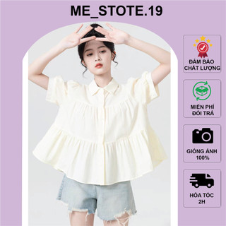 Áo sơ mi nữ ngắn tay babydoll 3 tầng cổ bẻ kiểu Hàn Quốc màu be
