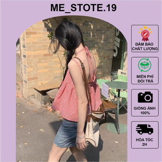  Áo hai dây caro đỏ babydoll dáng rộng phong cách Hàn Quốc 